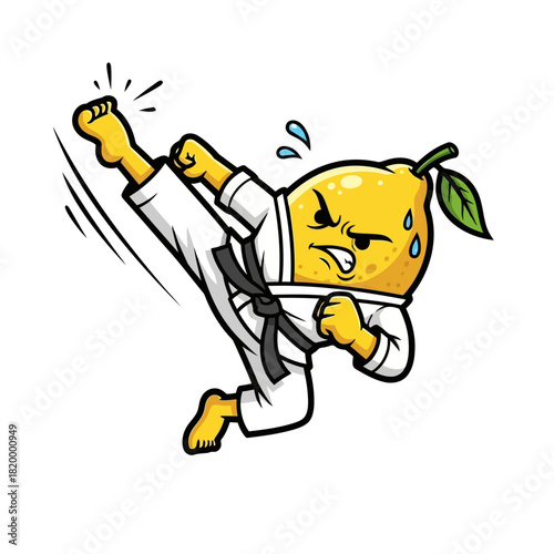 A cartoon yellow pear wearing a karate uniform performing a high kick with a determined expression