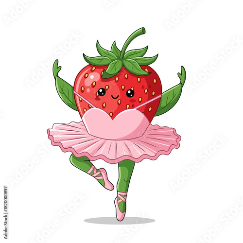 Cute strawberry character in a pink ballet tutu dancing on toes with a smile