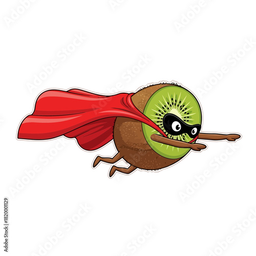 Cute cartoon kiwi bird superhero with red cape and green kiwi fruit head flying