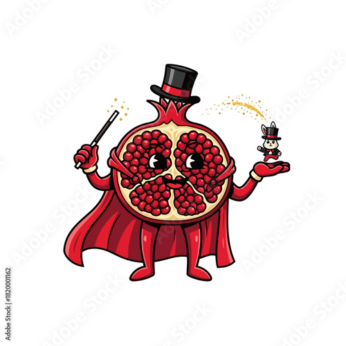 Cartoon pomegranate character wearing a top hat and cape holding a cane and a cup