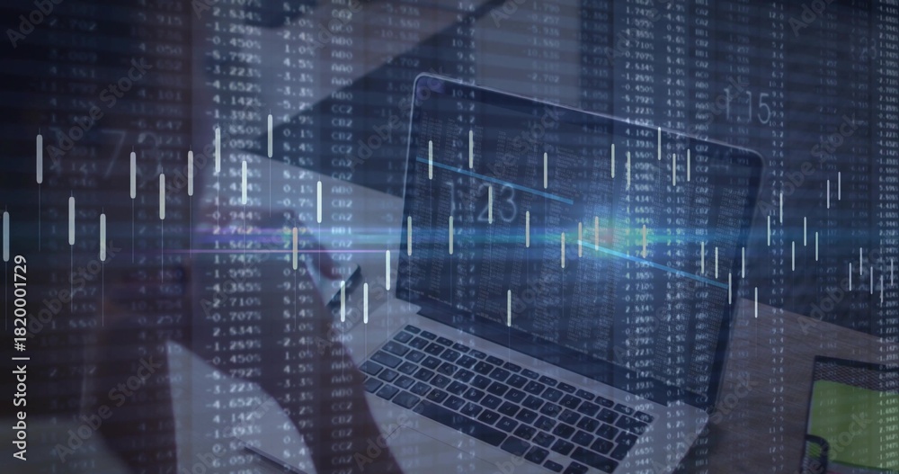 Naklejka premium Showing laptop keys, screen at office desk, left figure wearing dark top holding phone, market data