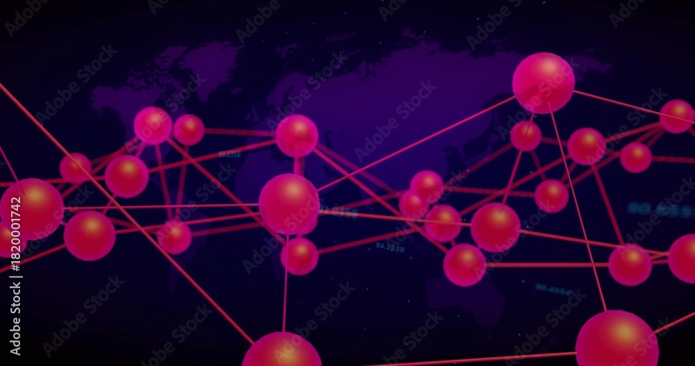 Fototapeta premium Animating network of glossy magenta spheres pulsing across virtual space, with neon red lines