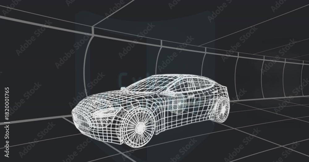 Fototapeta premium Displaying white wireframe sedan model sitting on grid floor in 3D viewport, showing tunnel panels