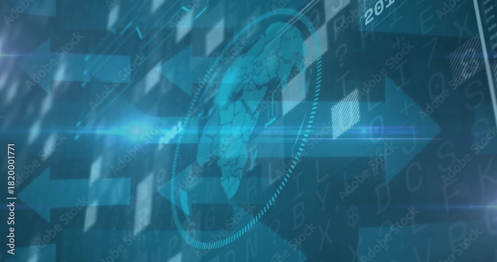 Naklejka premium Animating transparent globe rotating within dotted HUD on broadcast UI, with arrows and text grid