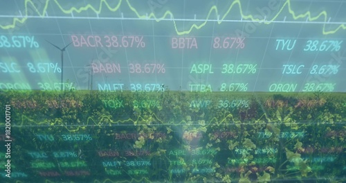 Displaying flower field in rural farmland and wind turbines merging with stock tickers and graphs
