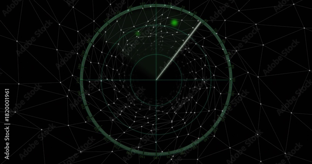 Naklejka premium Scanning circular radar display emitting rotating neon sweep on virtual HUD, showing pulsing blip