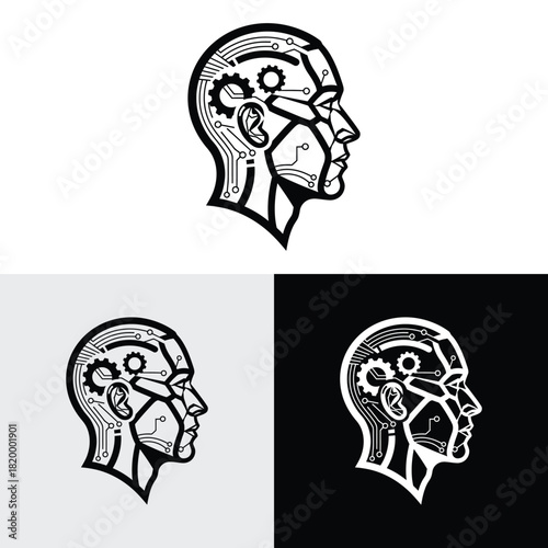 Human head gears tech logo, Cogwheel engineering technological design illustration