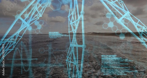 Displaying ocean wake moving toward right coastline at sea, showing cyan wireframe and hexagons © vectorfusionart
