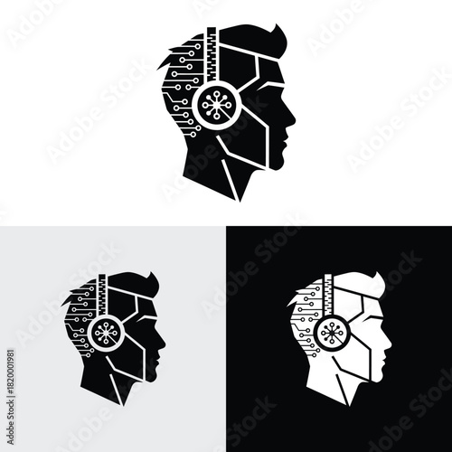Human head gears tech logo, Cogwheel engineering technological design illustration