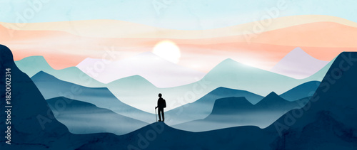 Landscape art background with peaks, mountains, and the silhouette of a person or hiker at sunset or sunrise. A nature banner with a person climbing mountains for prints, posters, packaging, design.