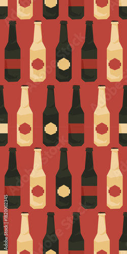 Many beer bottles icons set vector seamless pattern. Geometric minimalist drink print. Craft beverage concept. Simple graphic background. Retro style design. Bright art for packaging, ads, menu layout