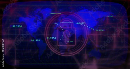 Displaying central padlock icon pulsing over global map grid, with glowing nodes and trajectories