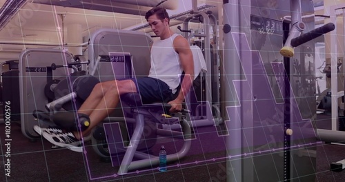 Extending legs man using leg-extension machine in gym, wearing white tank, blue water bottle on mat