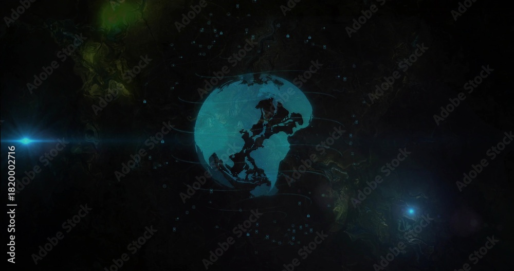 Fototapeta premium Rotating cyan or teal holographic globe showing scanlines, orbital trails and lens flares in dark vo
