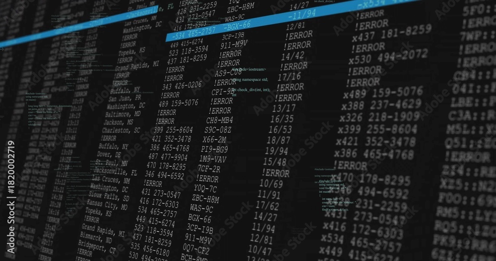 Obraz premium Displaying monitor showing monospaced text columns in server room, highlighting cyan bar and ERRORs