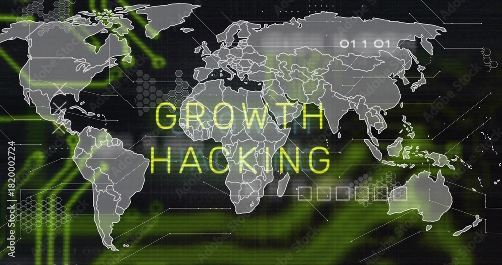 Obraz premium Displaying wide world map graphic centered on dashboard, featuring neon yellow GROWTH HACKING