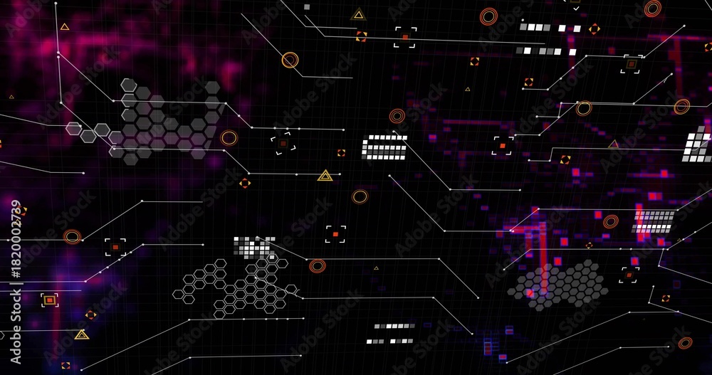 Fototapeta premium Rendering abstract network with hex clusters, nodes, connector lines, orange markers on dark grid