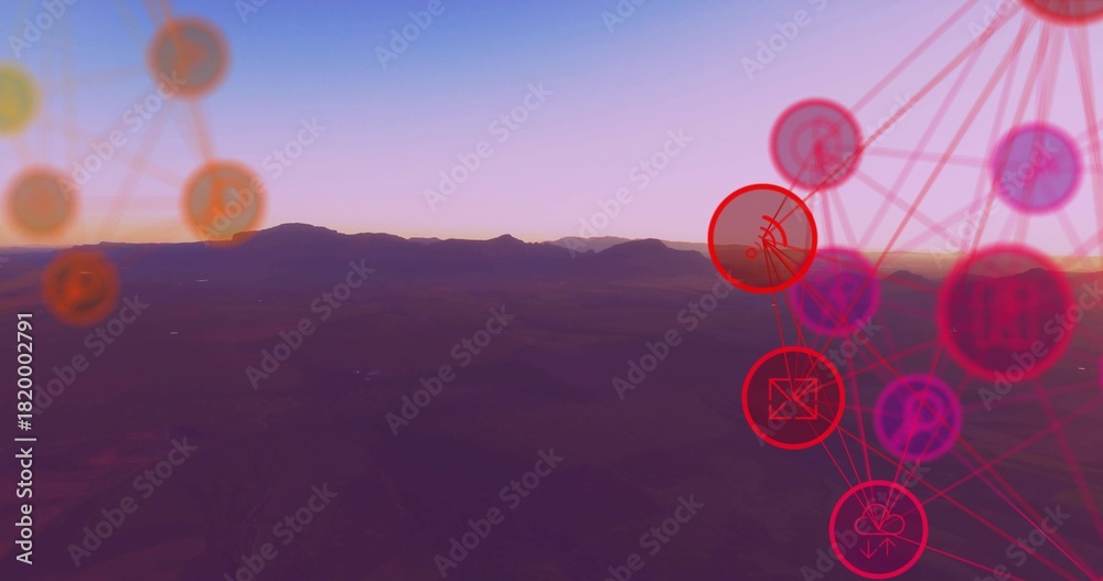 Obraz premium Stretching mountain ridge and valley running along horizon at sunrise, showing neon network overlay
