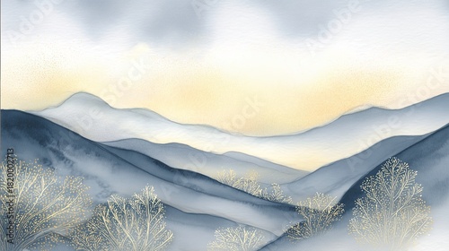 Ethereal watercolor landscape depicting mountains and frozen lake  