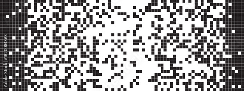 Defragmentated pixels background. Square shapes wallpaper. Mosaic tile pattern. Dissolution, destruction or disintegration effect. 8 bit arcade computer game texture. Vector graphic illustration