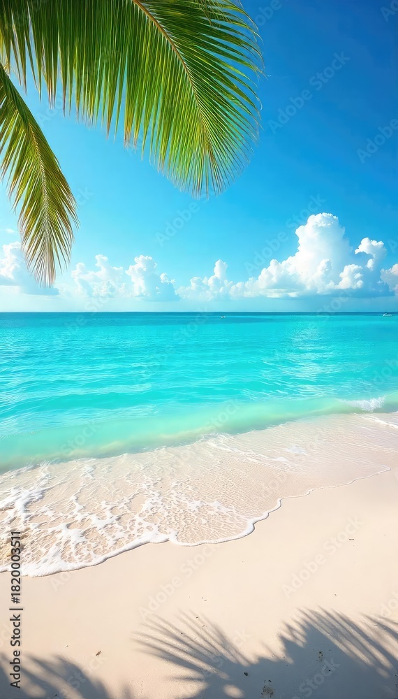 Fototapeta premium Relaxing sunny day at the beach with gentle waves lapping the shore, clear blue sky, and soft sand Perfect summer vacation scene , beautiful, sun