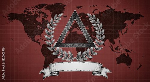 World Civil Defence Day A Triumphant Triangle Emblem Adorned with Laurel Wreaths and a Banner Against a World Map Backdrop