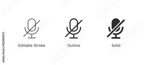 Muted Microphone icon (mic with a diagonal line) in editable stroke, outline, and solid black styles for audio control, call controls, voice settings, and modern UI elements