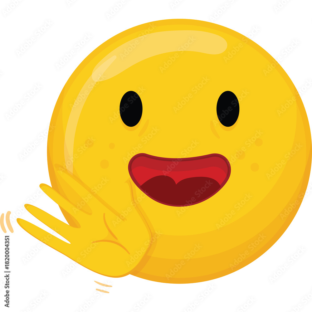Fototapeta premium Yellow Smiley Face Emoticon Waving Hello with a Big Smile and Freckles on a Transparent Background
