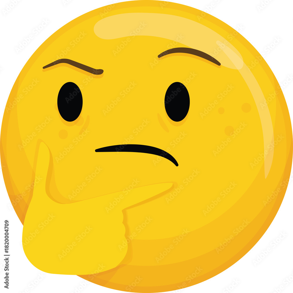 Fototapeta premium Yellow face emoji thinking gesture with hand on chin isolated on transparent background
