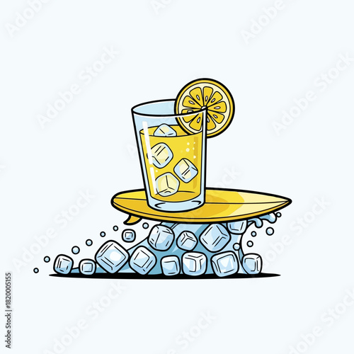 A refreshing glass of lemonade with ice cubes and a lemon slice on a yellow plate