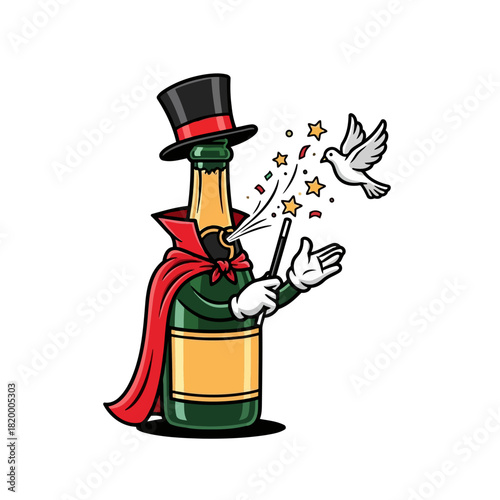 Magician bottle with top hat and cape performing magic trick with dove and sparkles
