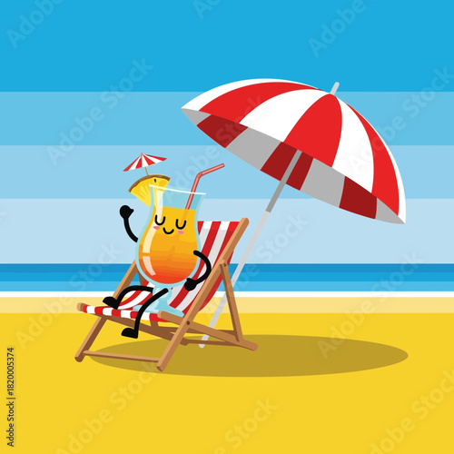 Cartoon lemon relaxing on a beach chair under a red and white striped umbrella, enjoying a sunny day by the ocean
