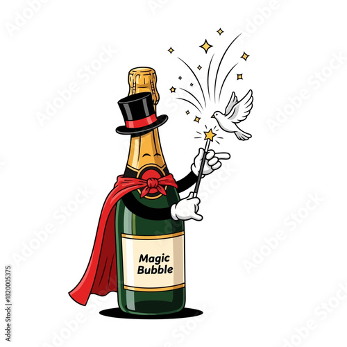 A magic bottle of champagne with a top hat and cape performing a magic trick with a dove and sparkles