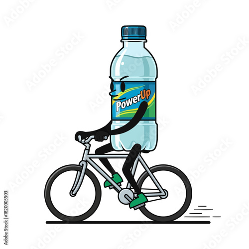 Illustration of a person riding a bicycle with a large water bottle on the handlebars, depicting a healthy and active lifestyle