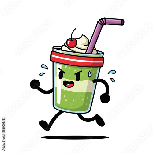 Cute cartoon green smoothie with a straw and cherry on top, running with arms and legs, happy facial expression