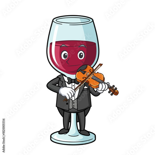 Cartoon wine glass with a face playing a violin in a tuxedo, fun and whimsical illustration