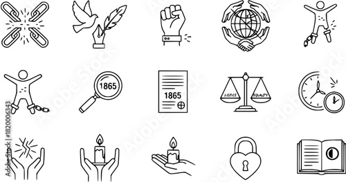 Line icons representing freedom, justice, human rights, and the abolition of slavery, with historical elements like 1865, peace, equality, and advocacy concepts.