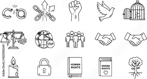 Human Rights Line Icons Set: Freedom, Justice, Equality, Peace, Activism, and Solidarity Symbols Collection