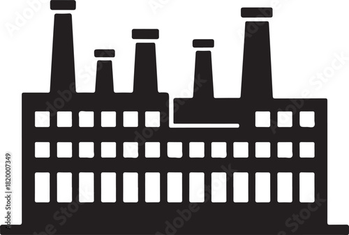 Black and white minimalist graphic of an industrial factory building with multiple chimneys and windows