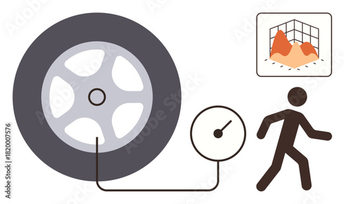 Large car tire with a pressure gauge linked by a hose, a walking figure, and a data graph with 3D visualization. Ideal for automotive, analysis, monitoring, efficiency, motion, safety and technology