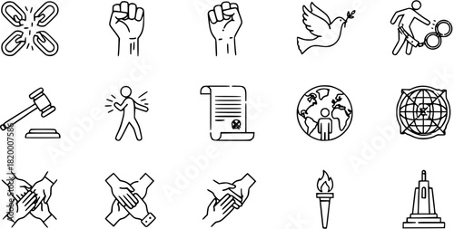 Human Rights Line Icons Set. Symbols of Freedom, Justice, Peace, Equality. Social Justice, Law, International Unity and Global Solidarity.