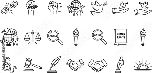 Human Rights and Justice Line Icons. Set of Outline Symbols for Freedom, Peace, Law, Equality, and Global Social Justice. Vector Illustrations.