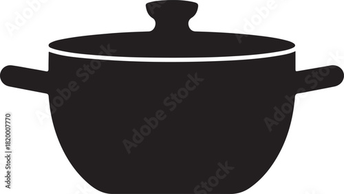 Black and white silhouette of a cooking pot with lid and handles kitchen cookware
