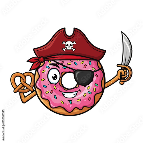 Cartoon pirate donut with an eye patch, hat, and sword, holding a pretzel, smiling, and ready for adventure