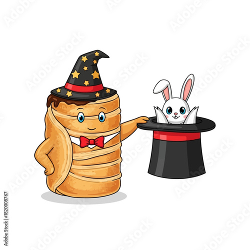 Cartoon magic hat with a rabbit popping out, illustrated with a playful and whimsical style