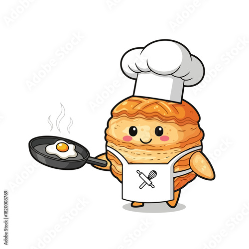 Cute cartoon pastry chef with a chefs hat cooking an egg in a pan on a