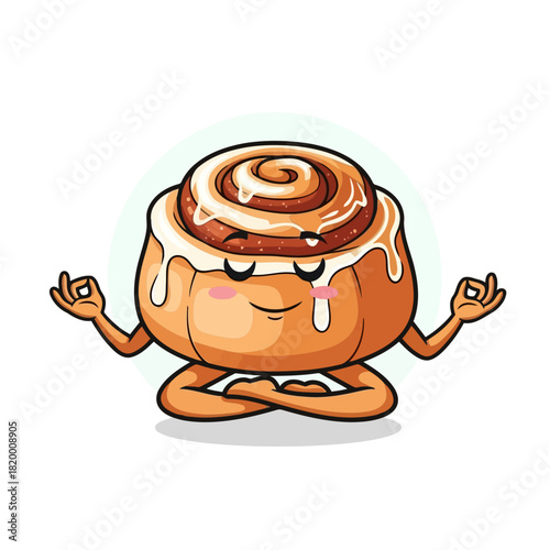 A cartoon cinnamon roll with arms and legs meditating in a yoga pose, smiling and