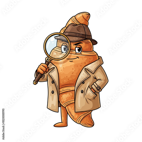 Cartoon detective with magnifying glass and hat standing confidently