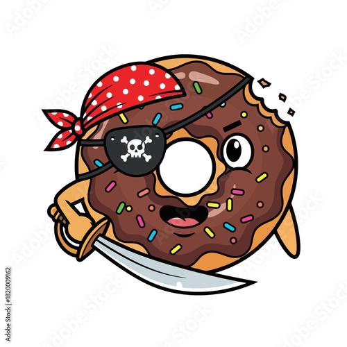 Cute cartoon pirate donut with an eye patch and sword, smiling and looking playful