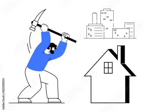 Man swinging pickaxe near urban cityscape and house outline. Ideal for construction, demolition, labor, DIY, housing, urban development, manual work. Simple flat metaphor